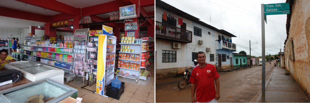 à esquerda o mercado de Aparecida. À direita, Melo em frente à sua pensão. Placa da rua confirma região central